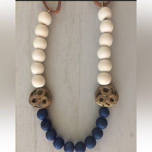 Blue Druzy Agate, Cream Wood and Brass Necklace.